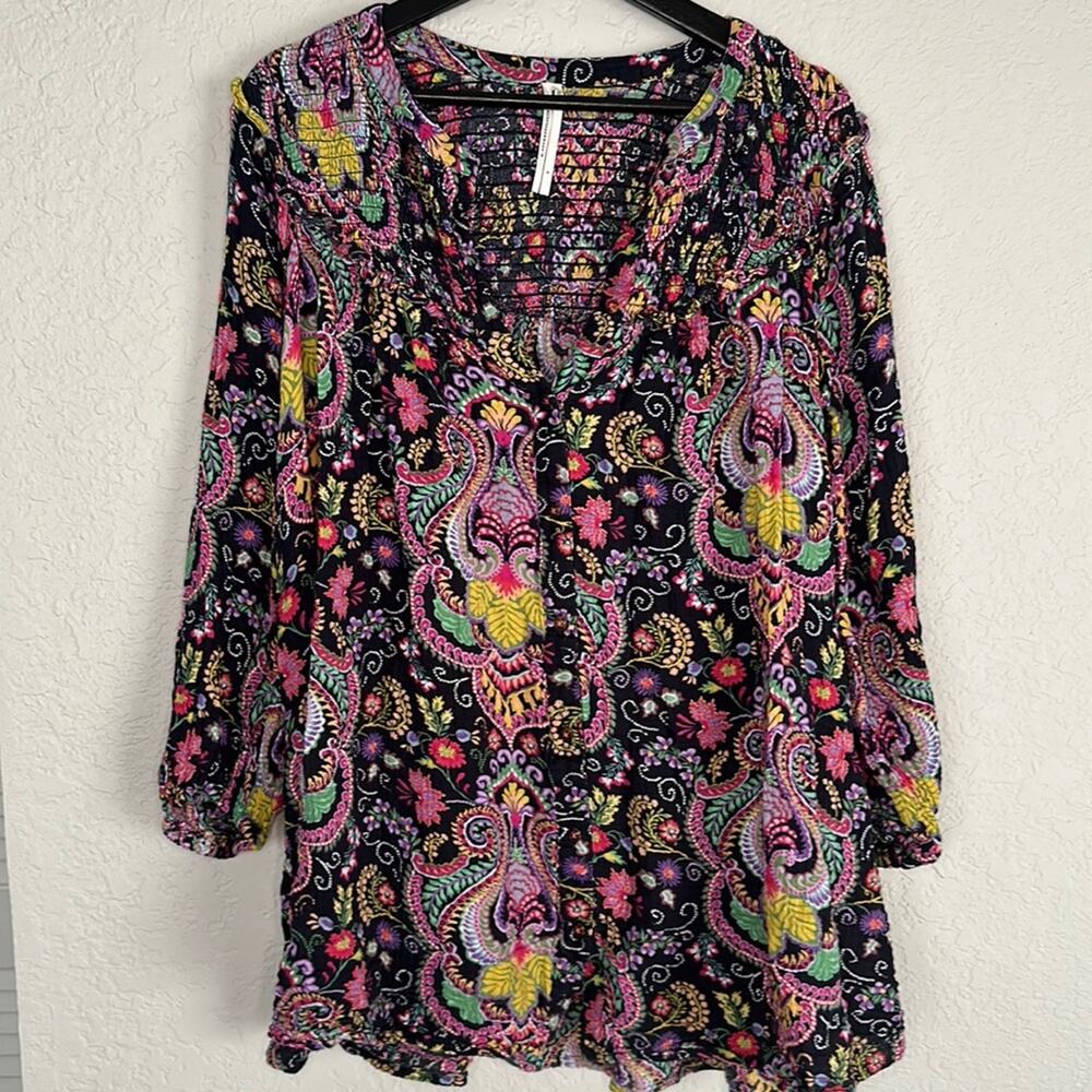 Anthropologie Black Purple Paisley Boho Top Artsy Smocked Gauzy Peasant Spring